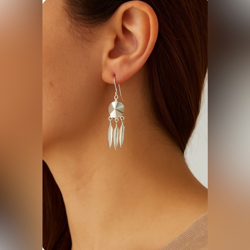 Unsigned Sterling Silver 925 Feather Dangle Earrings Silver